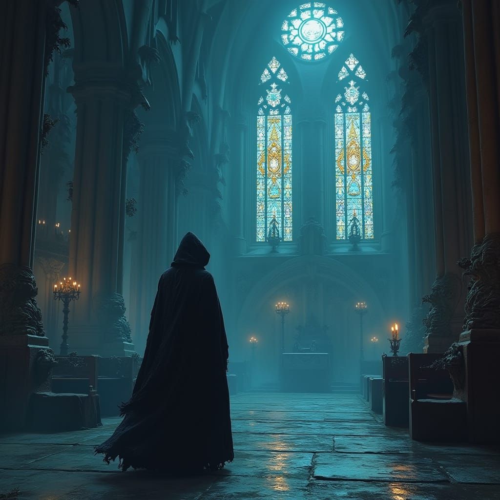 Cloaked Figure in Gothic Cathedral, Romantic Fantasy Art