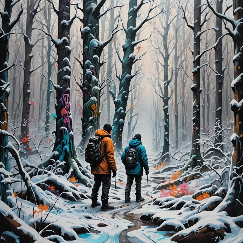 Snowy Forest Scene with Man in Graffiti Art Style