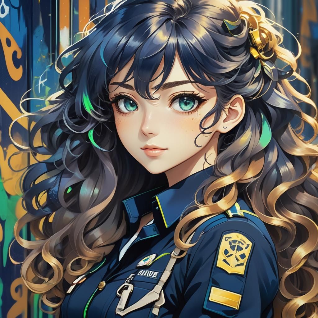 Anime Woman in Blue Uniform with Graffiti Background