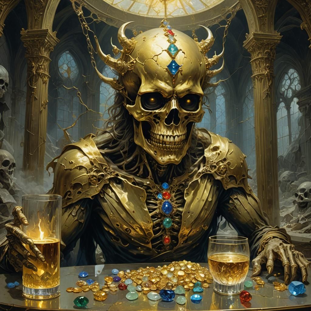 Golden Skull-Faced Demon in Glass Room