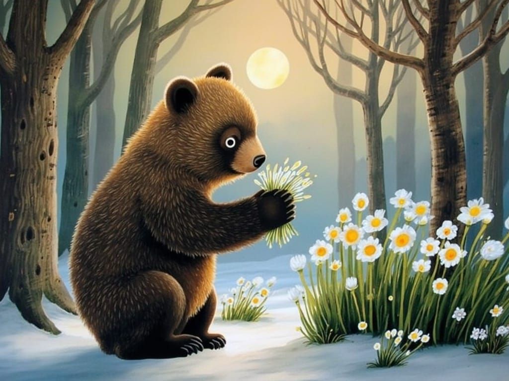 A Fluffy Brown Bear Cub Sniffs Snowdrops in a Whimsical Fair...