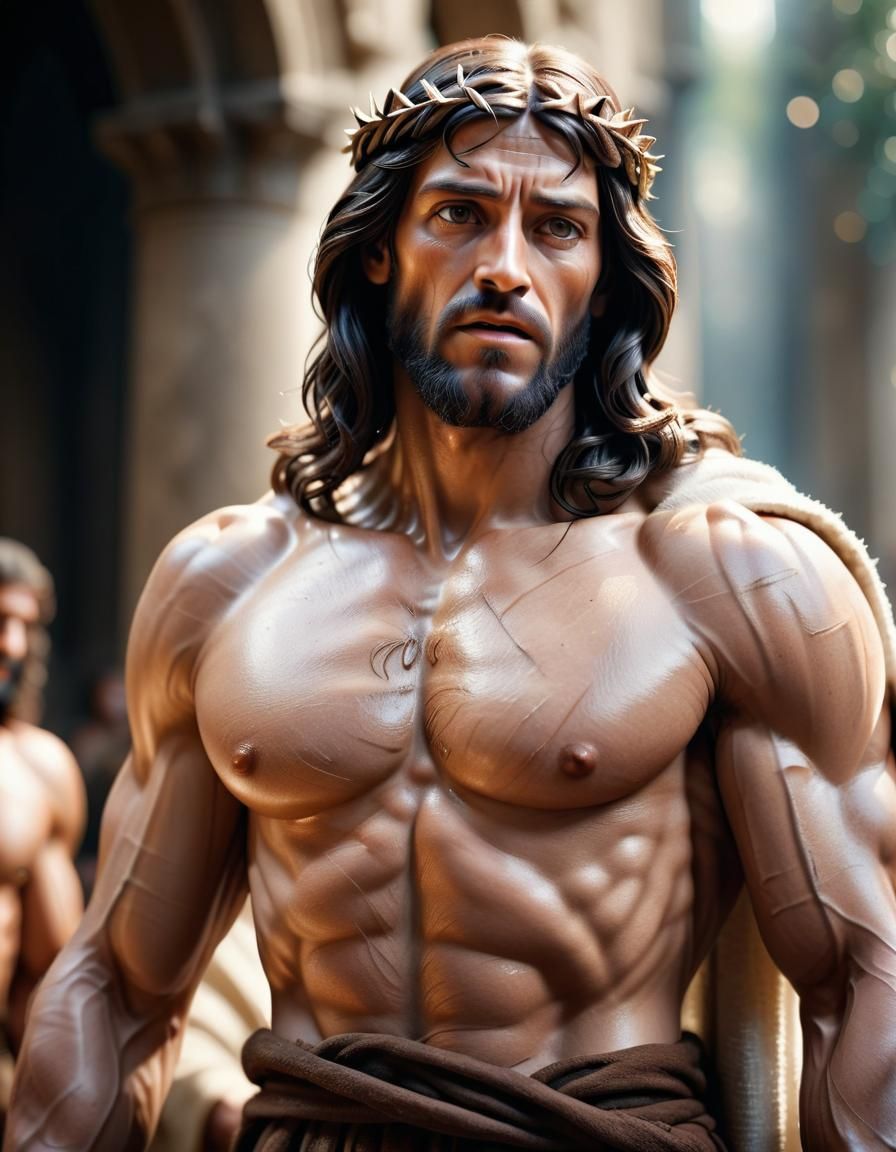 Muscular Jesus Christ in Hyperrealistic Cinematic Style