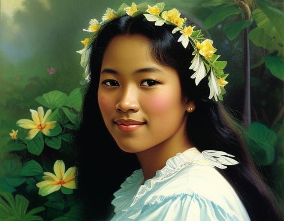 Enchanting Hawaiian Goddess in Whimsical Painterly Style