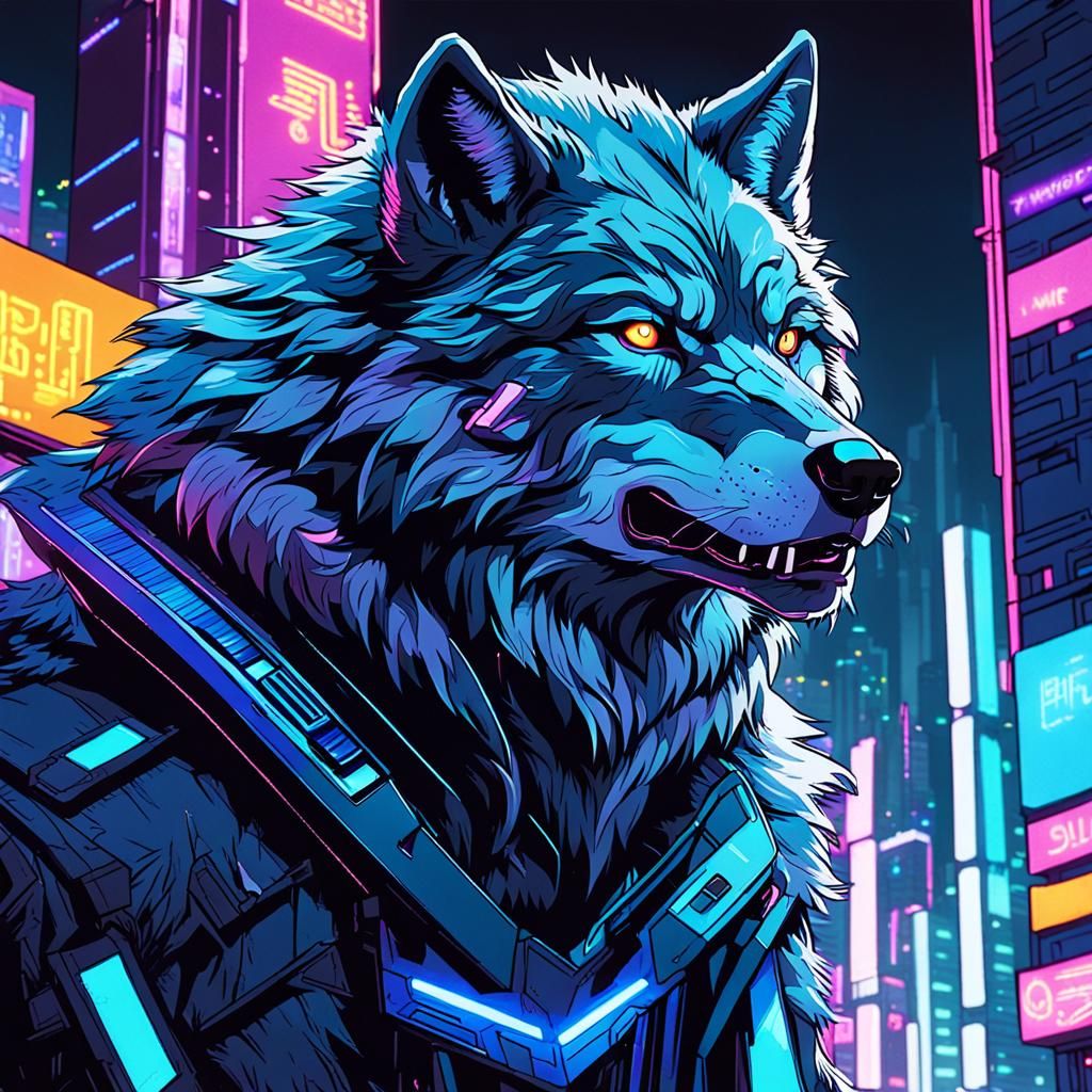 Cyberpunk Wolf Prowls Neon City: Comic Art
