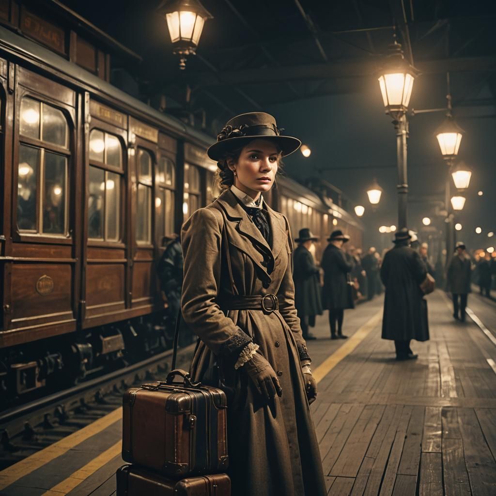A Victorian Woman Waits on a Train Platform
