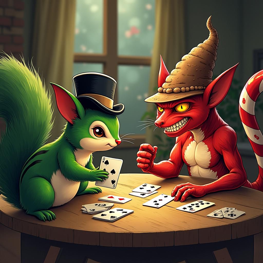 Squirrel, Goblin, and Golem Play Cards in Comic Art Style