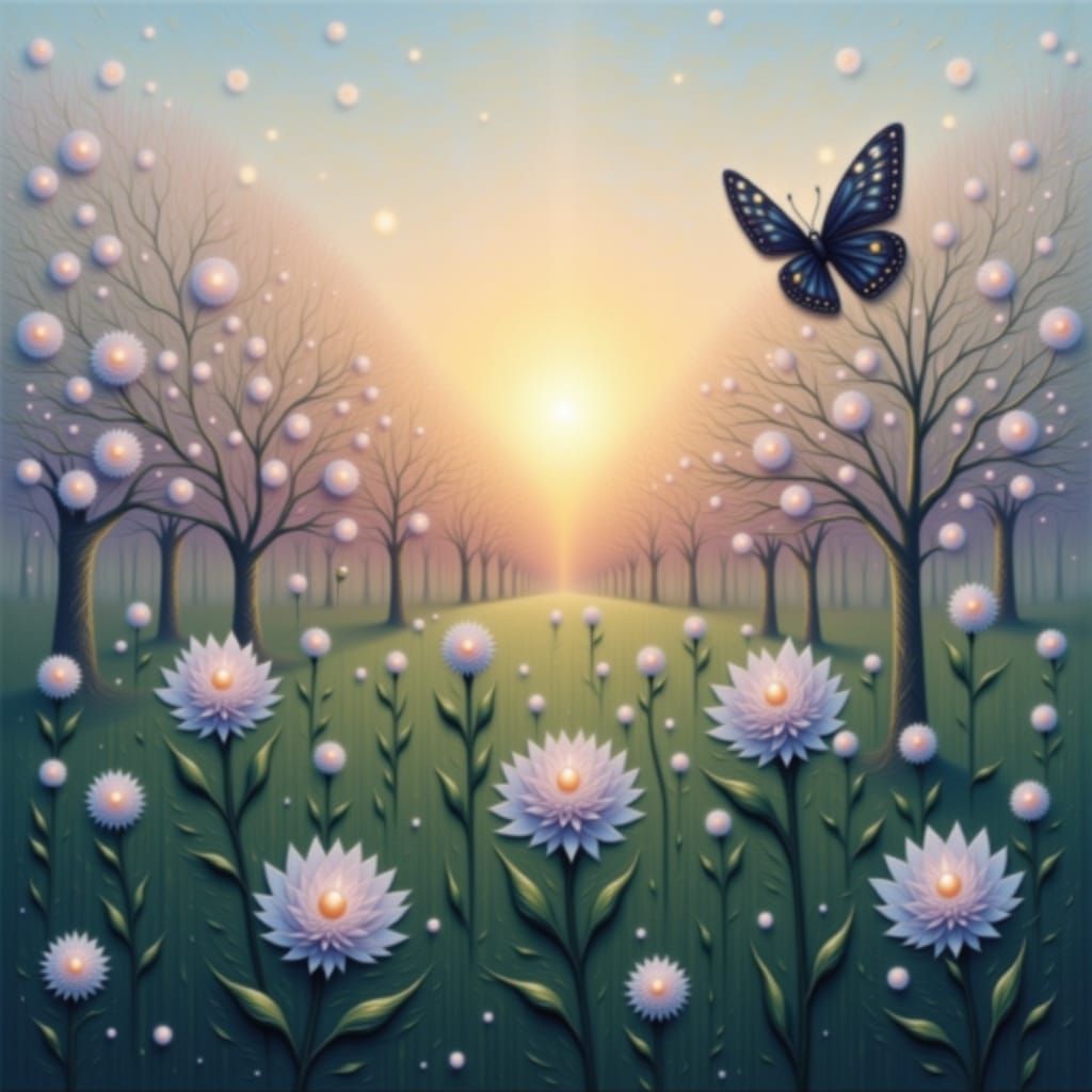 Cherry Blossom Field at Sunset in Watercolor Style