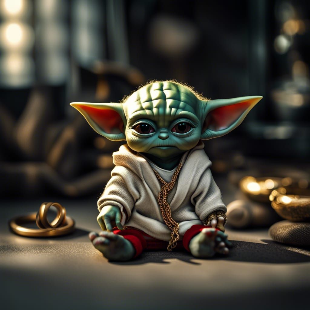 Baby Yoda as Gangster in Hyperrealistic Style