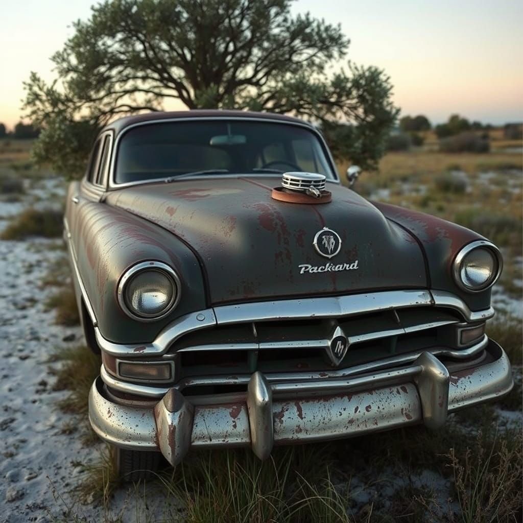 Vintage Trailer Coupled to 1950 Packard in Desert Landscape