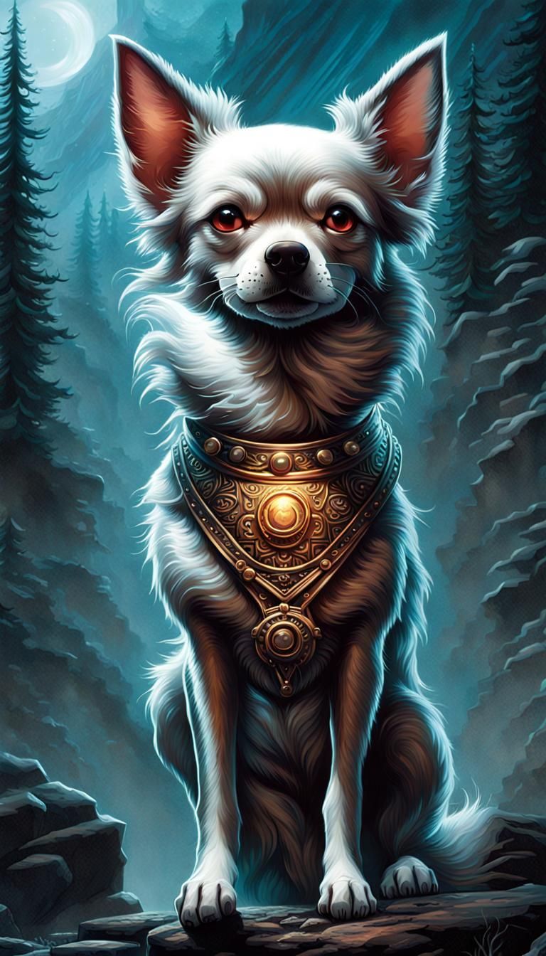 Dramatic Chihuahua Wolf Hybrid in Comic Book Style