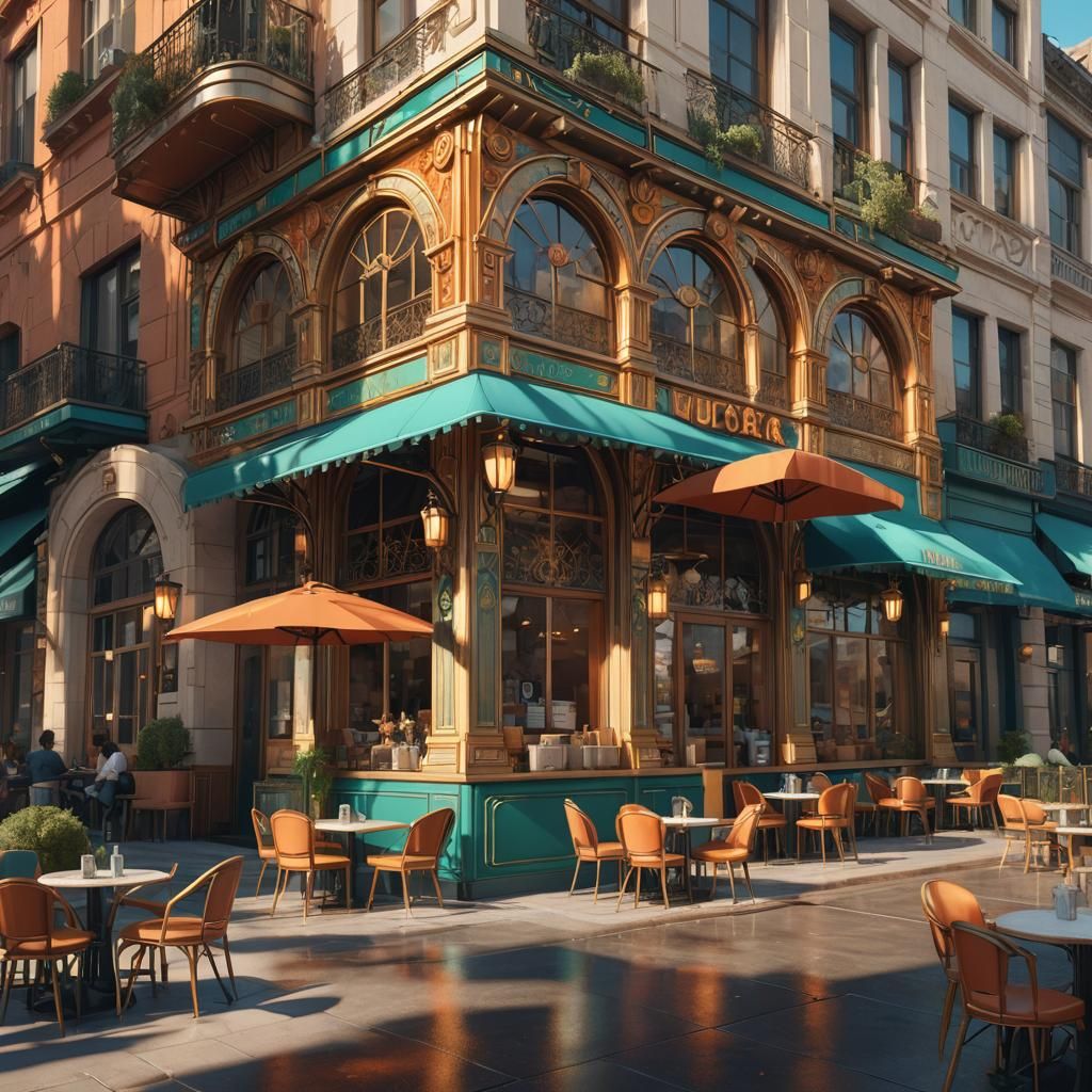 Art Deco Cafe Exterior with Dynamic Lighting