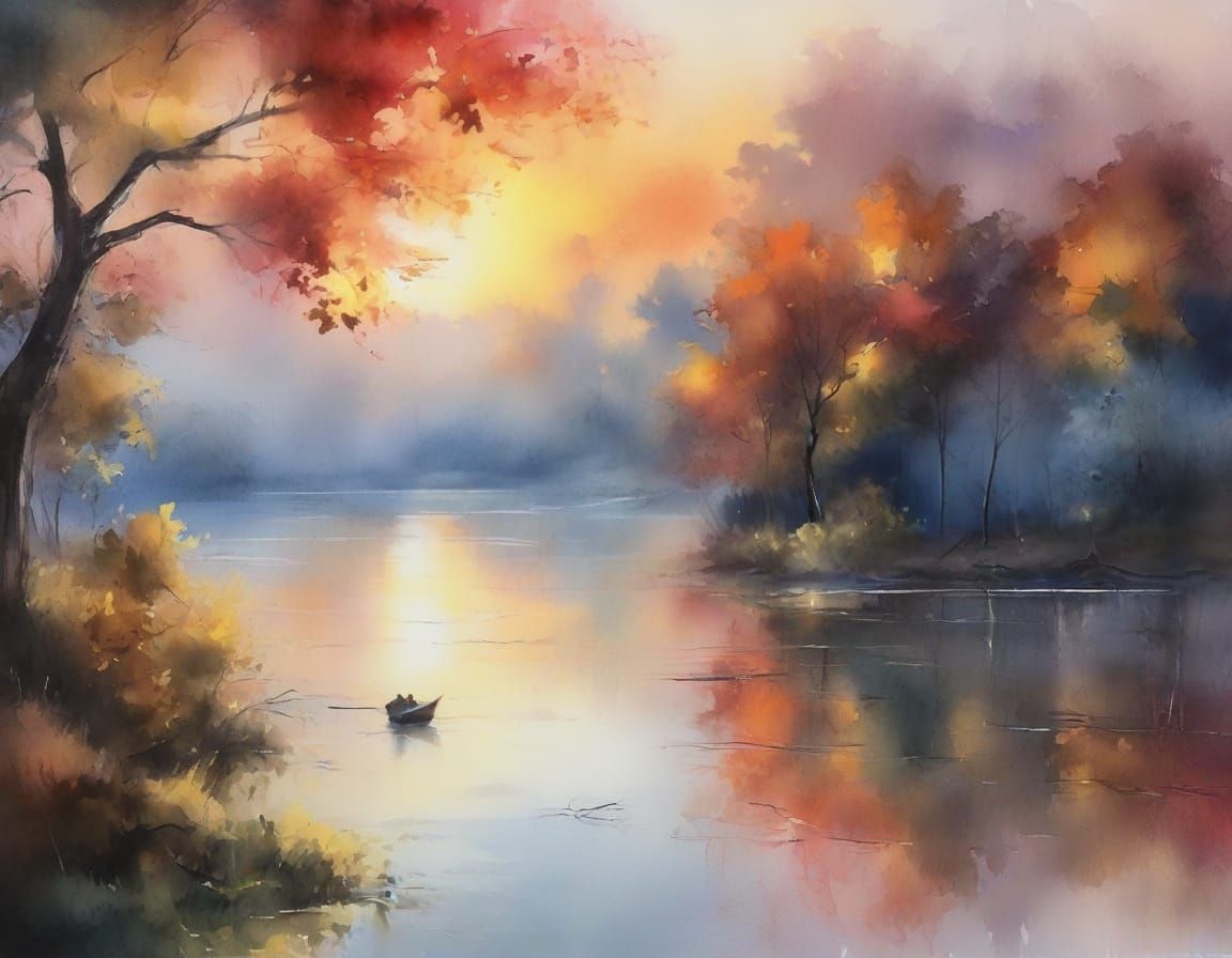 Whimsical Fairytale Lake in Vibrant Sunset Hues, Inspired by...