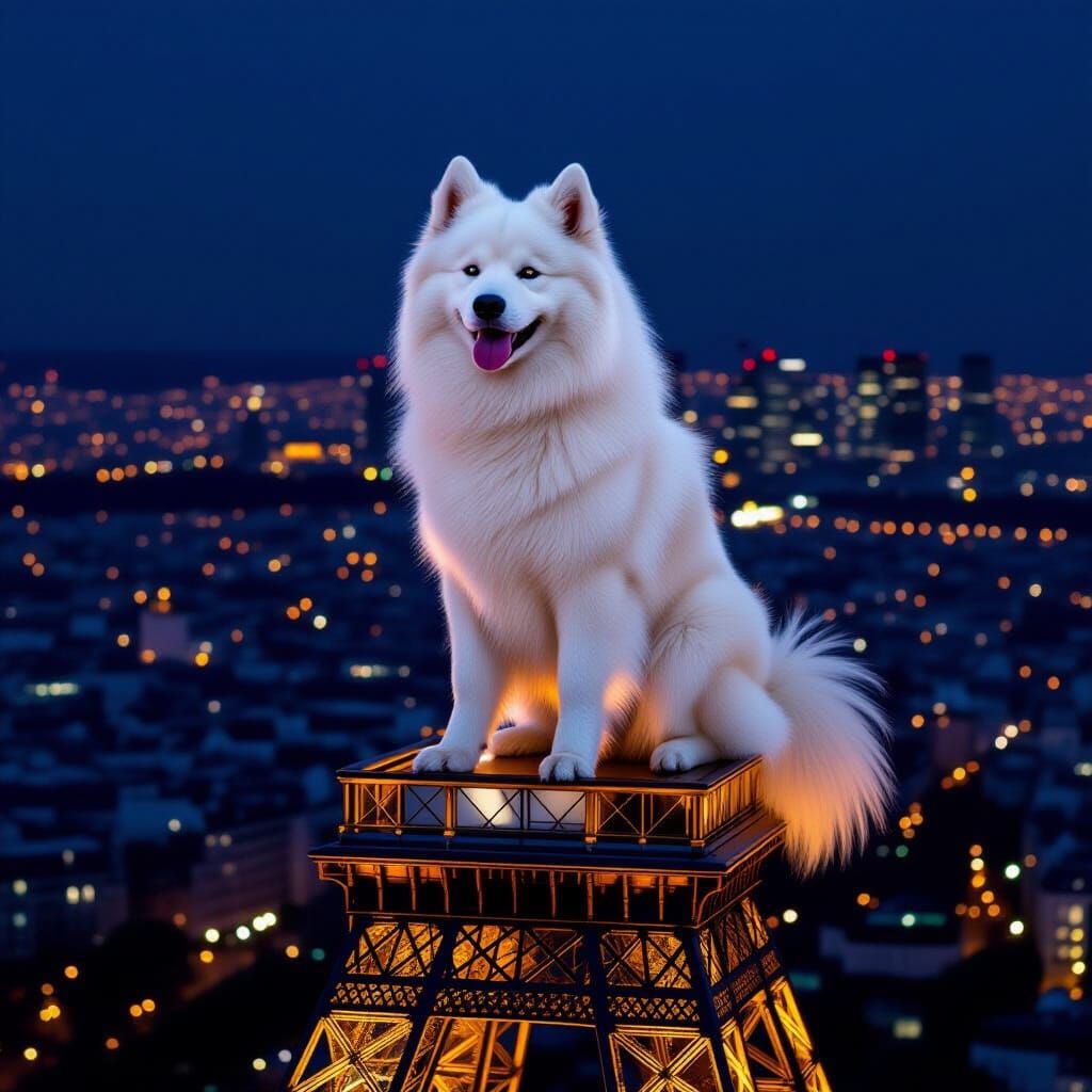 Samoyed Dog Reigns Over Paris at Night