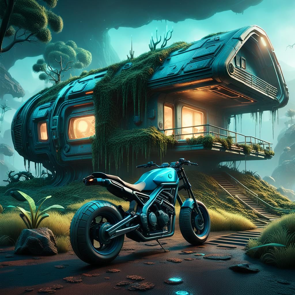 Bioluminescent Sci-Fi Architecture: Alien House and Motorcyc...