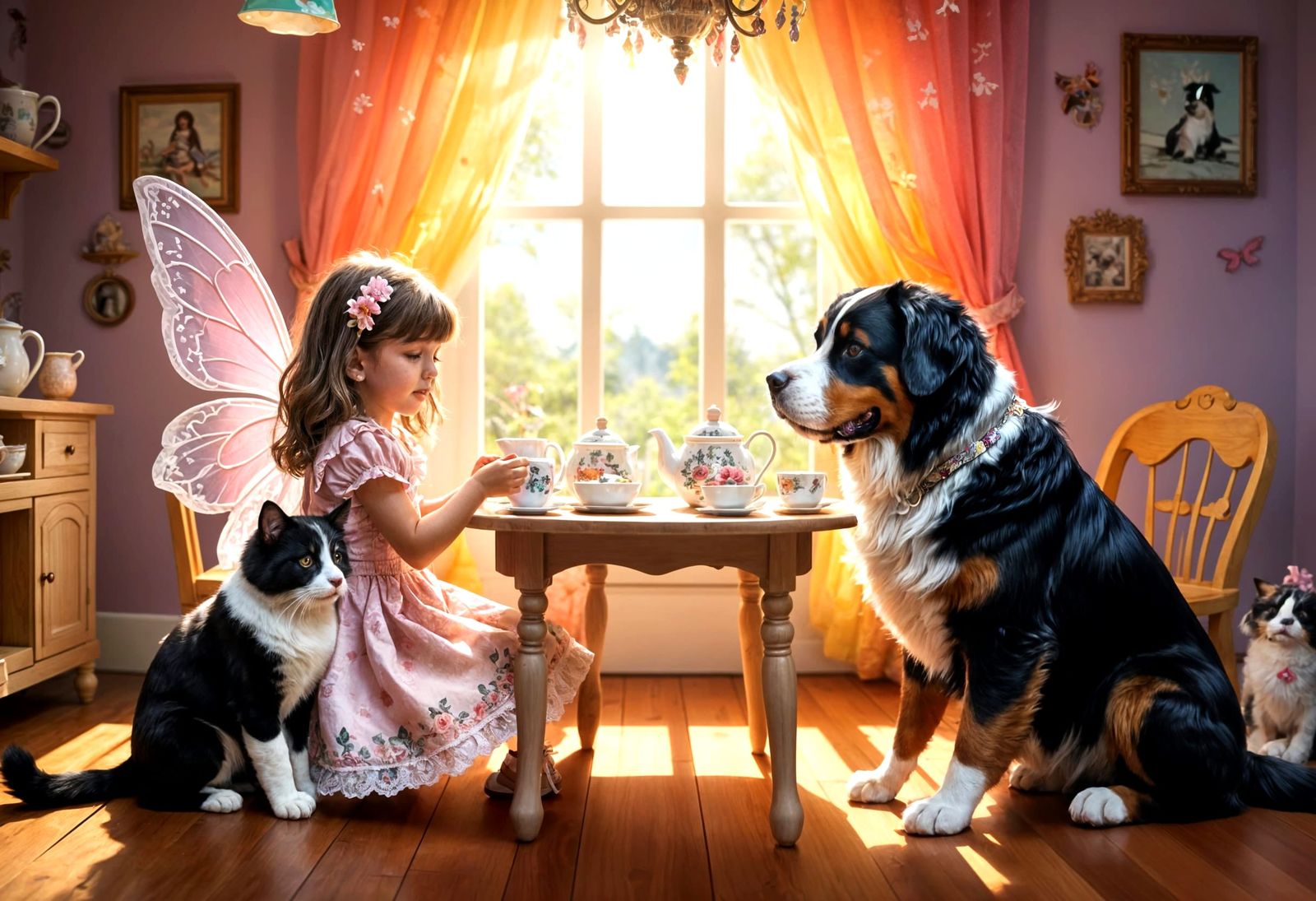 Whimsical Girl Surrounded by Pets in Playful Playroom Scene