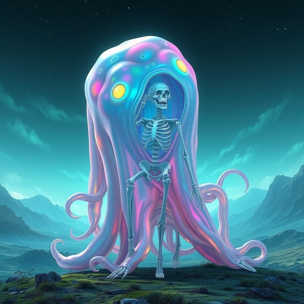 Iridescent Slime Giant in Surreal Landscape