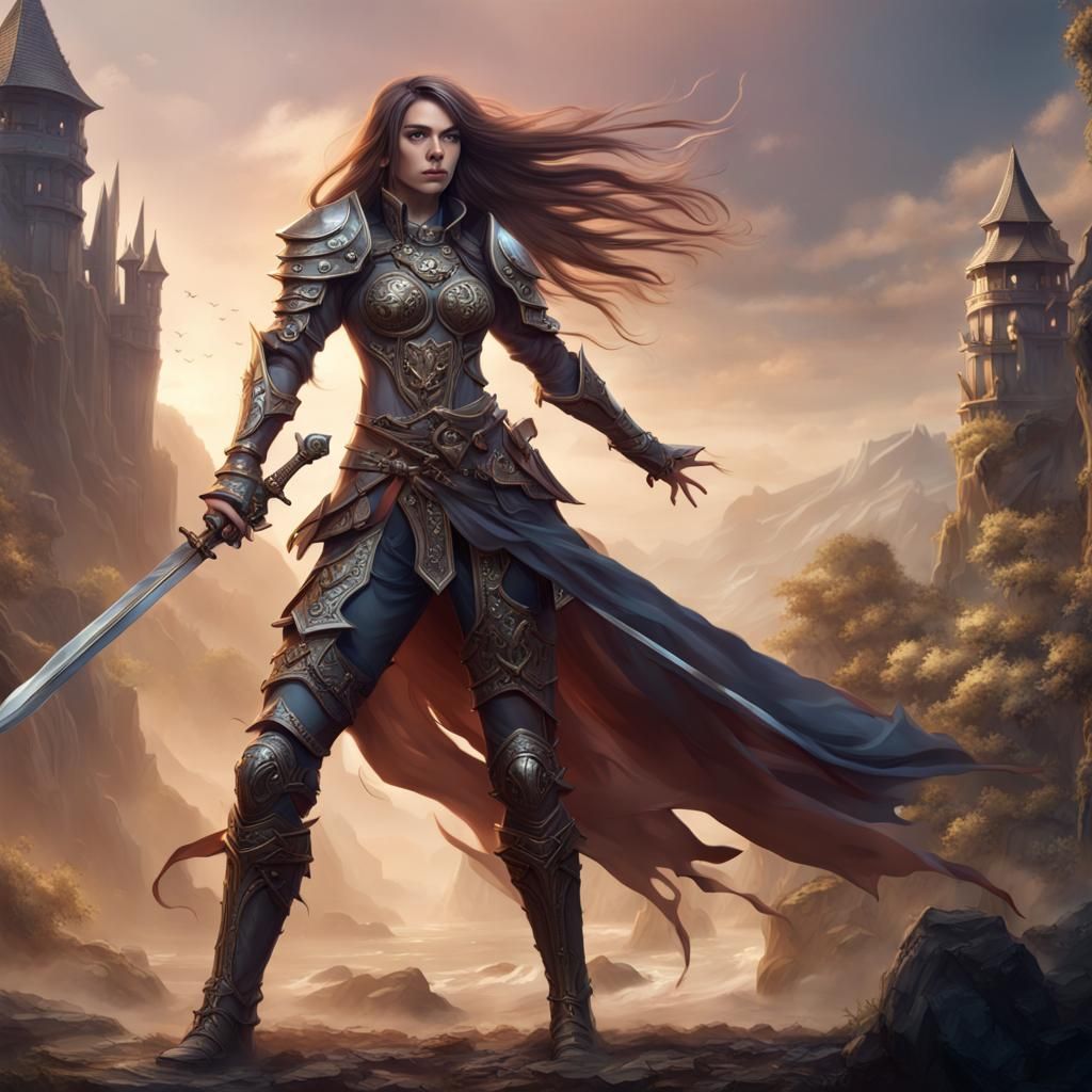 Fantasy Swordswoman in High Fantasy Battle, Detailed Matte P...