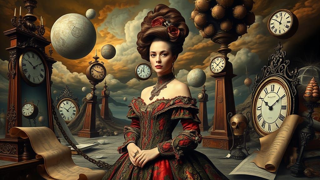 A Baroque Woman Smiles Wryly in a Surreal Landscape