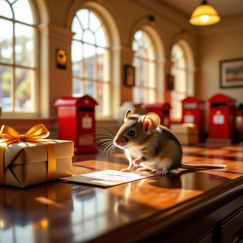 Mouse on Counter in Sunlit Post Office, Golden Parcels