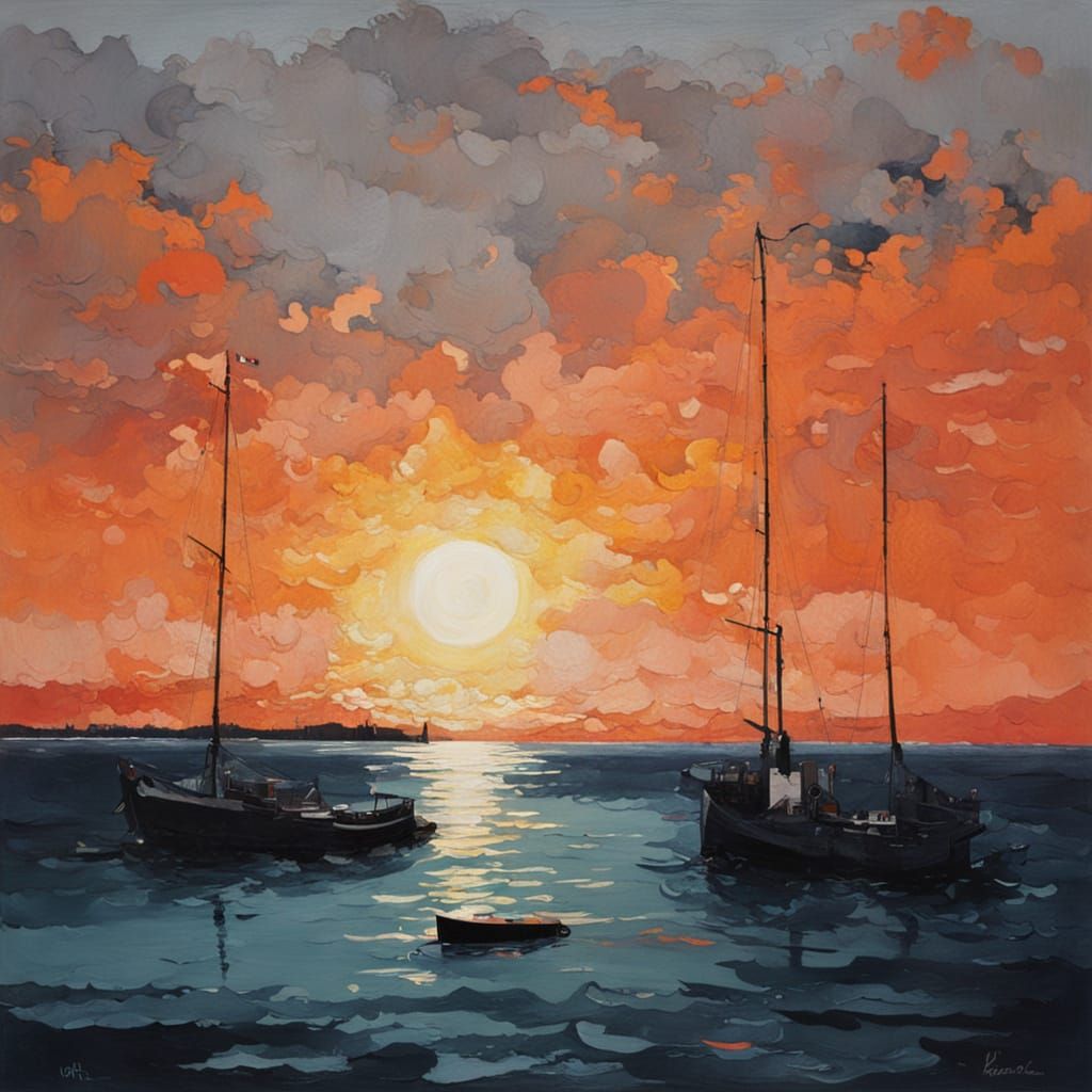 Sunset Over Small Harbour in Clyfford Still Style