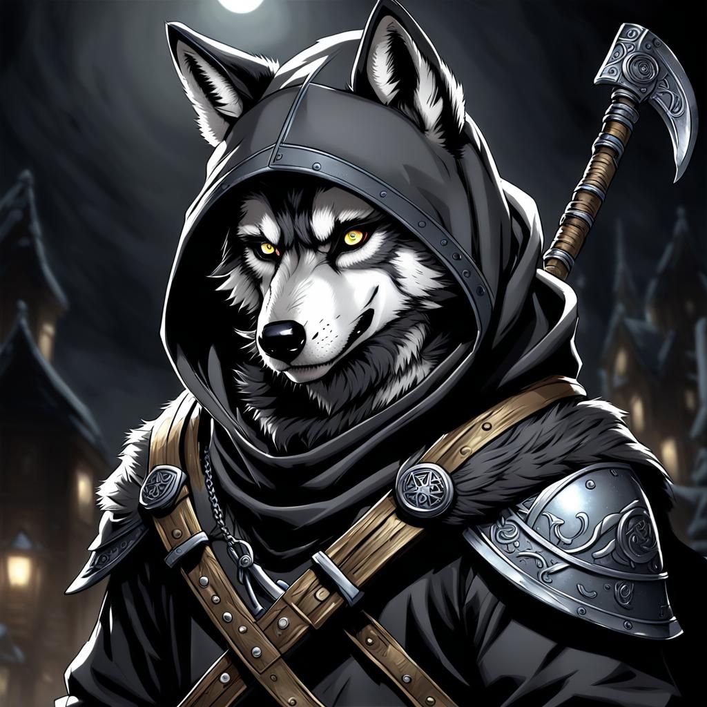 Hooded Wolf Anthro with Scythe in Anime Style