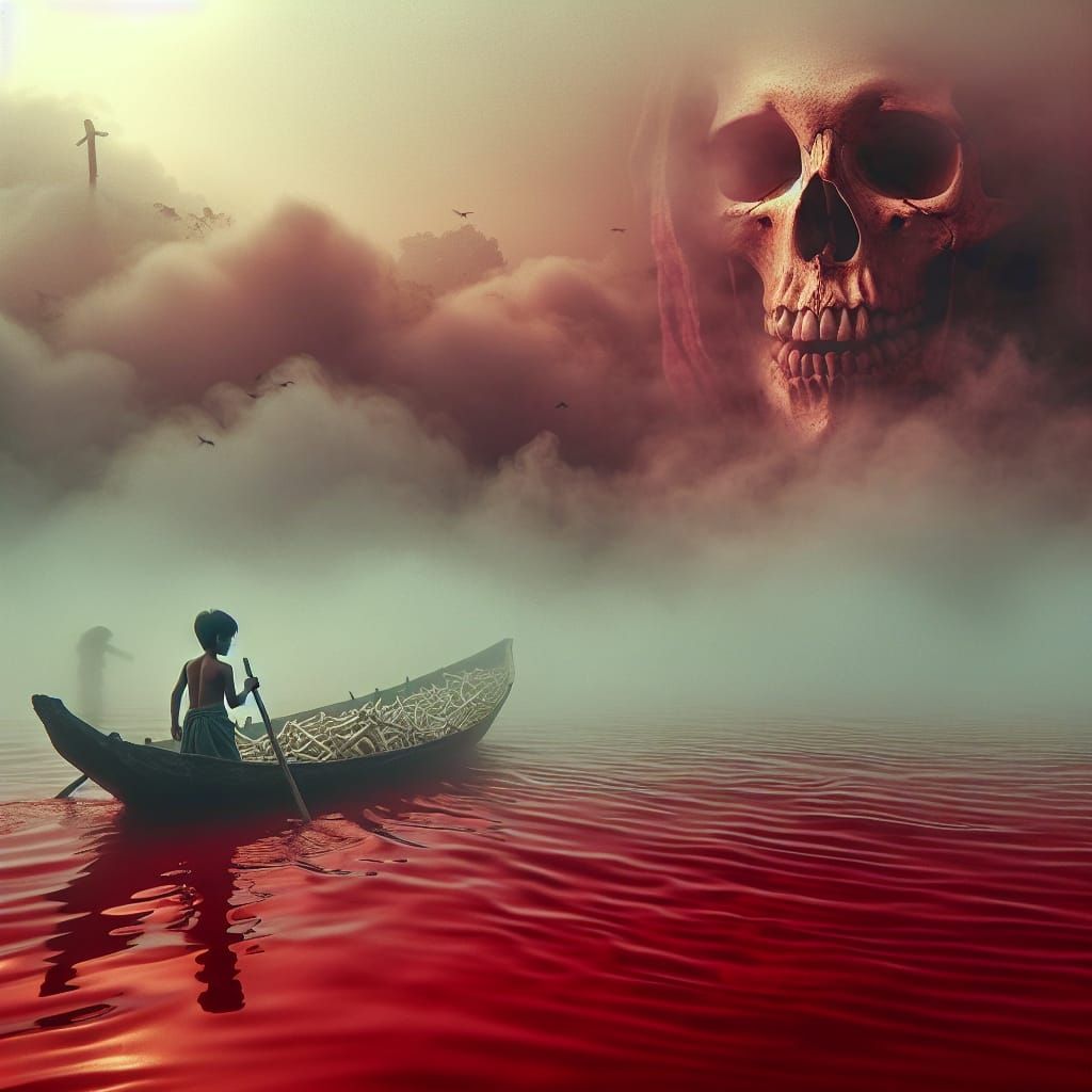 Eerie Bone Boat on Crimson Sea