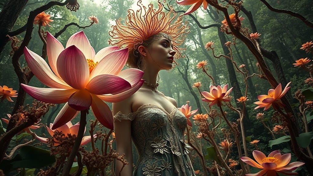 Lotus-Human Hybrid in Mycelium Network: Elegant 8K Render