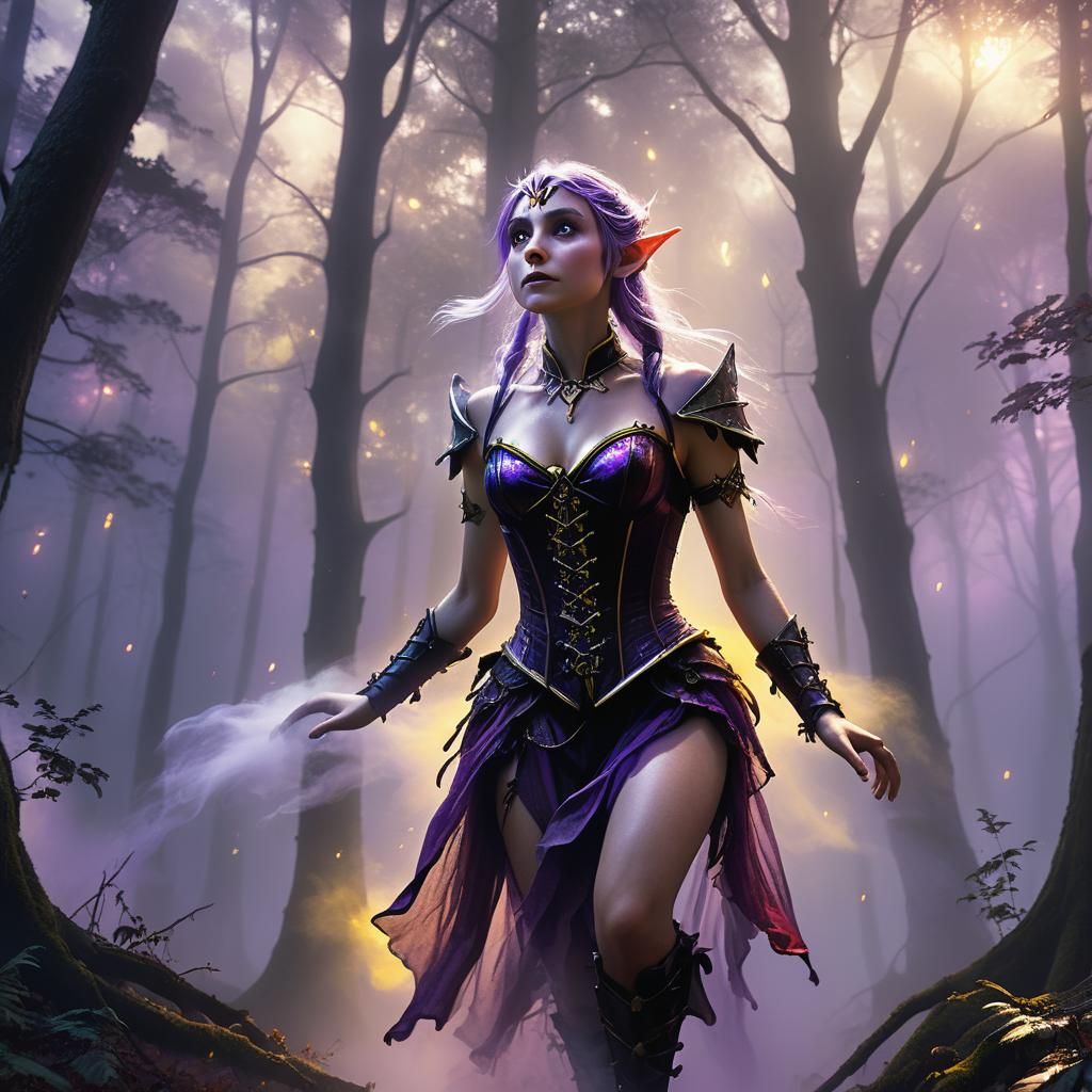 Fantasy Elf Flies Through Misty Woods