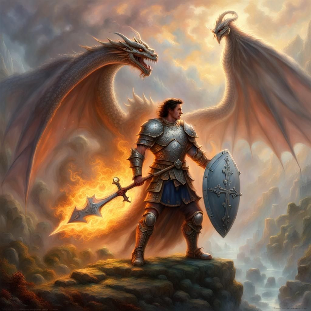 Warrior Shielded from Dragon Fire: Ethereal Fantasy