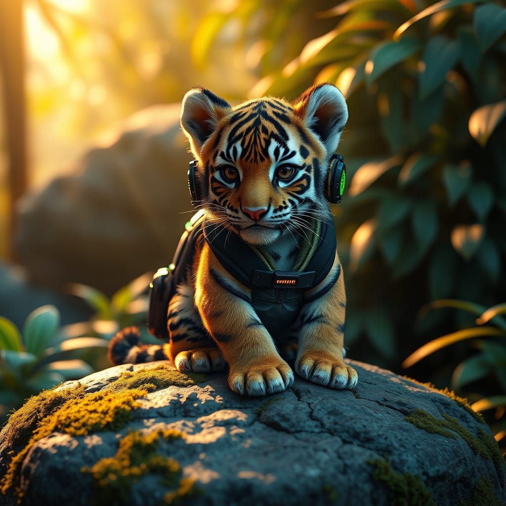 Cyberpunk Tiger Cub in Exotic Paradise