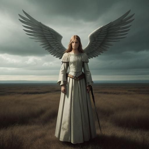 Angel in Stormy Landscape: Cinematic Film Still