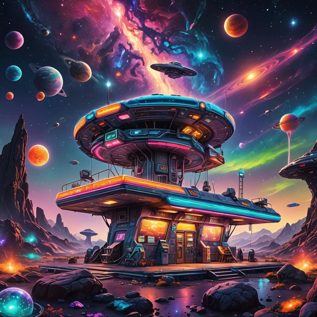 Astral Cosmic Gas Station in Space, Holographic Illustration