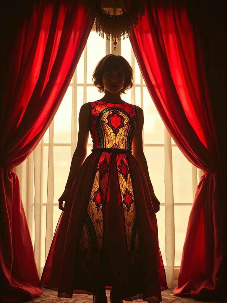 Ethereal Lady in Stained-Glass Attire, Cinematic Film Still