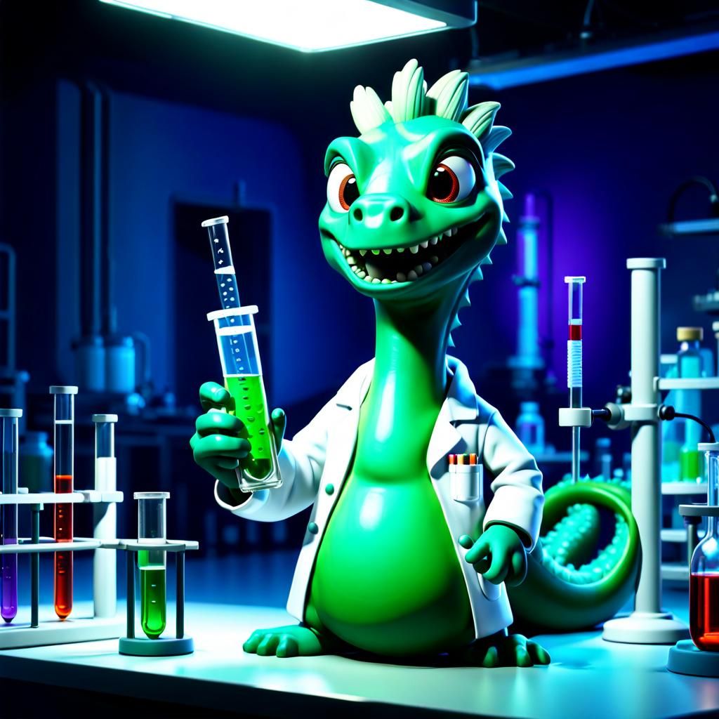Funny Nessie Monster in Lab as Pixar 3D Art