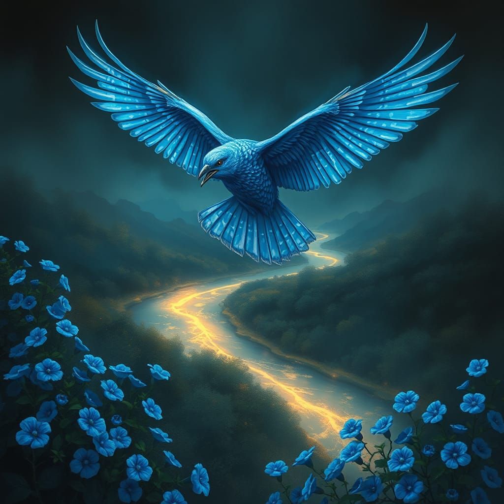 Majestic Blue Bird Soaring Above Glowing River