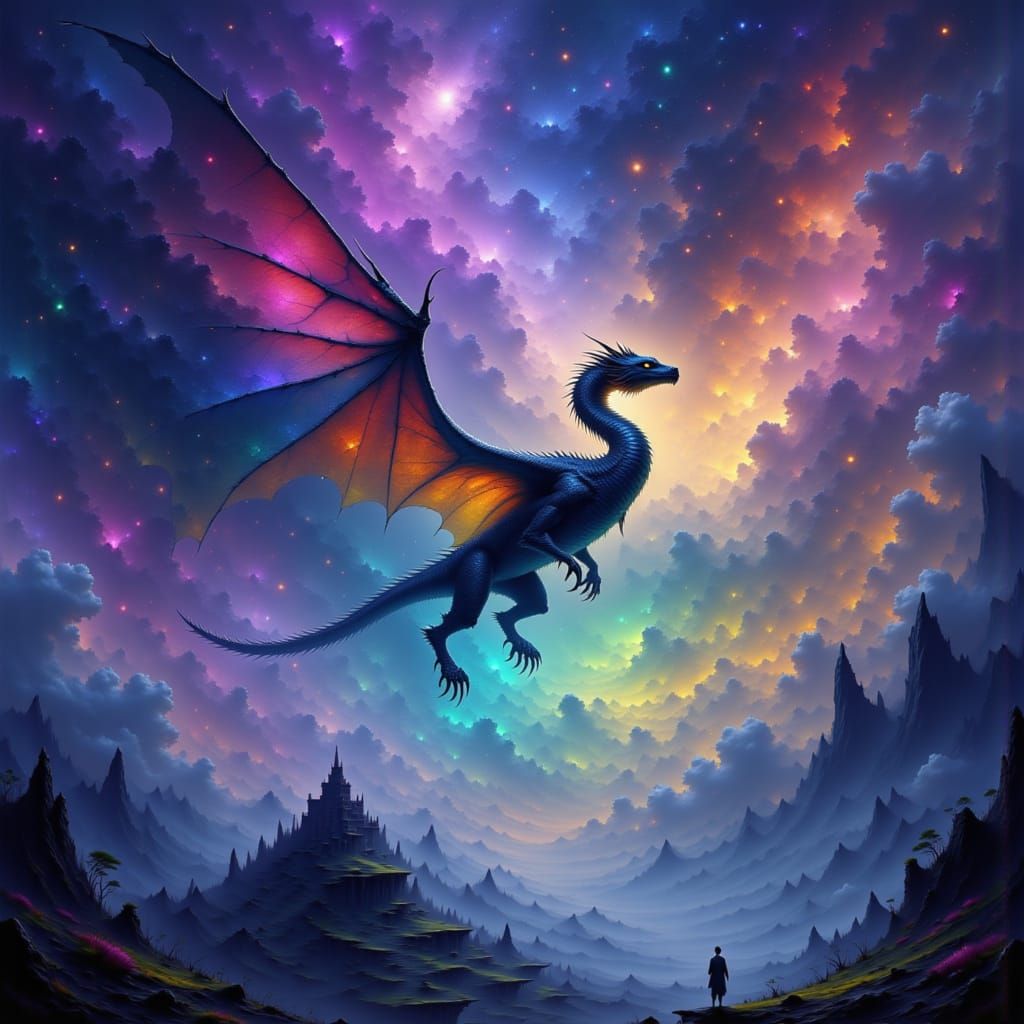 Majestic Dragon Soars Through Nebula Sky Above Ancient Castl...