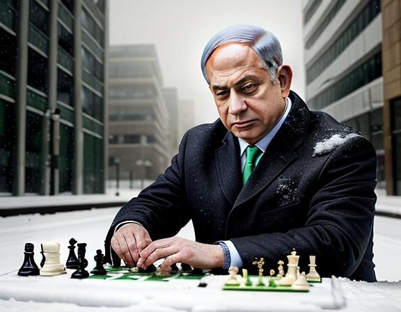 Netanyahu Plays Chess Ball in Snow: Hyperrealistic Image