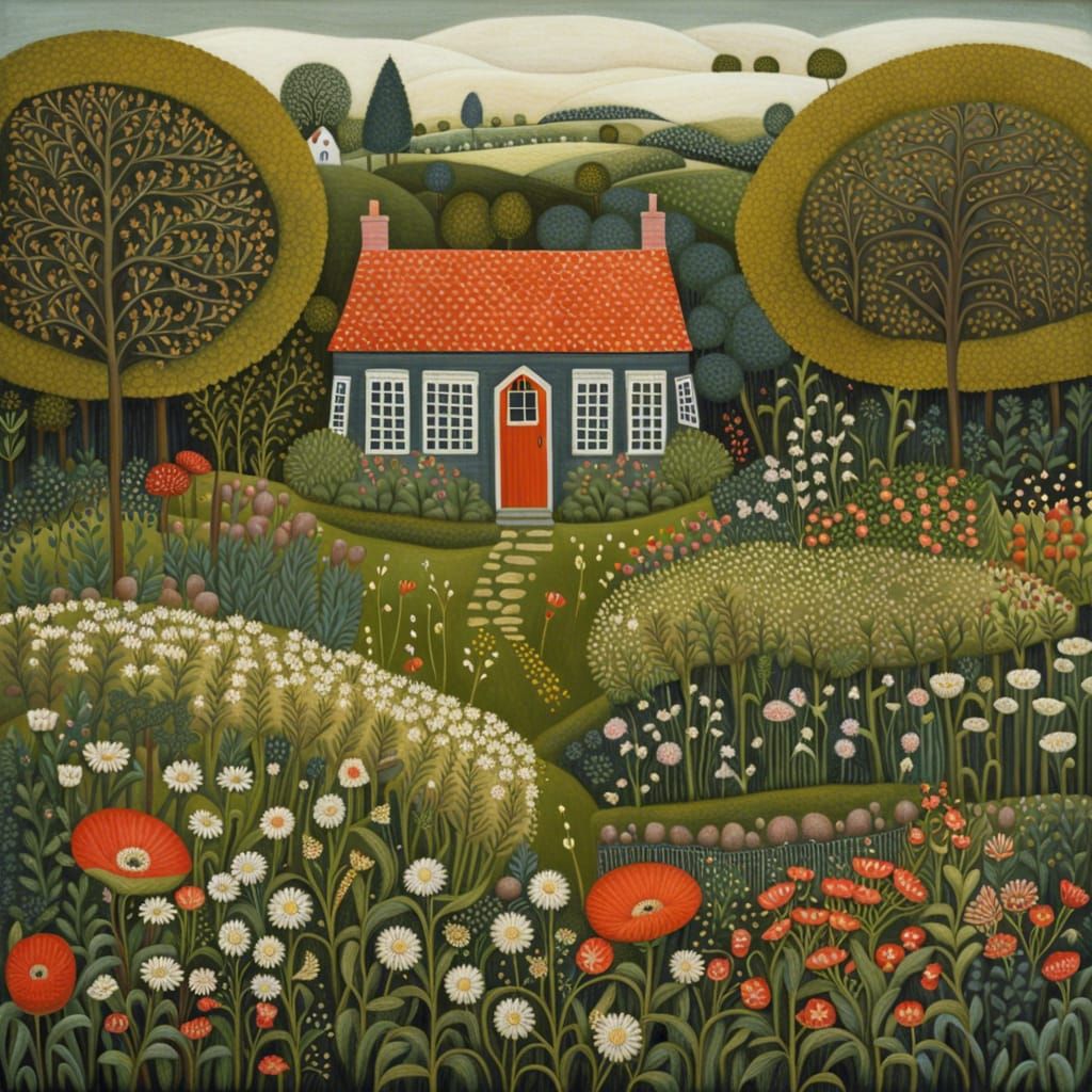 Wildflower Garden and Cottage in Folk Art Style