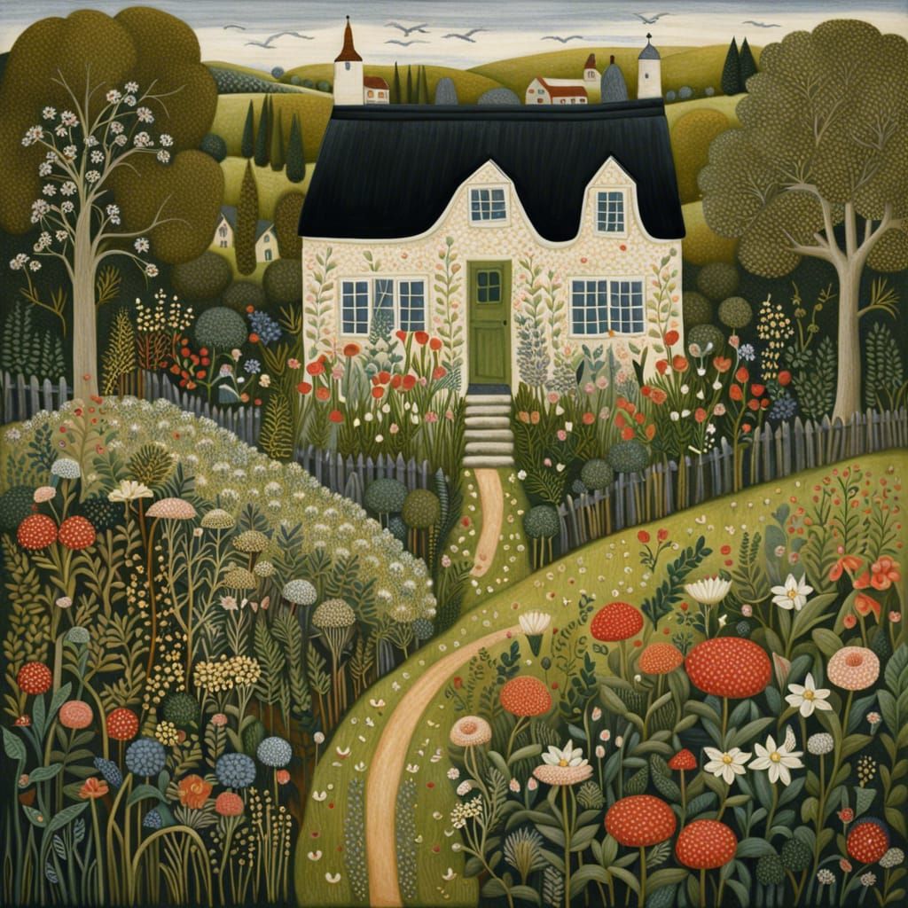 Wildflower Garden and Cottage in Folk Art Style