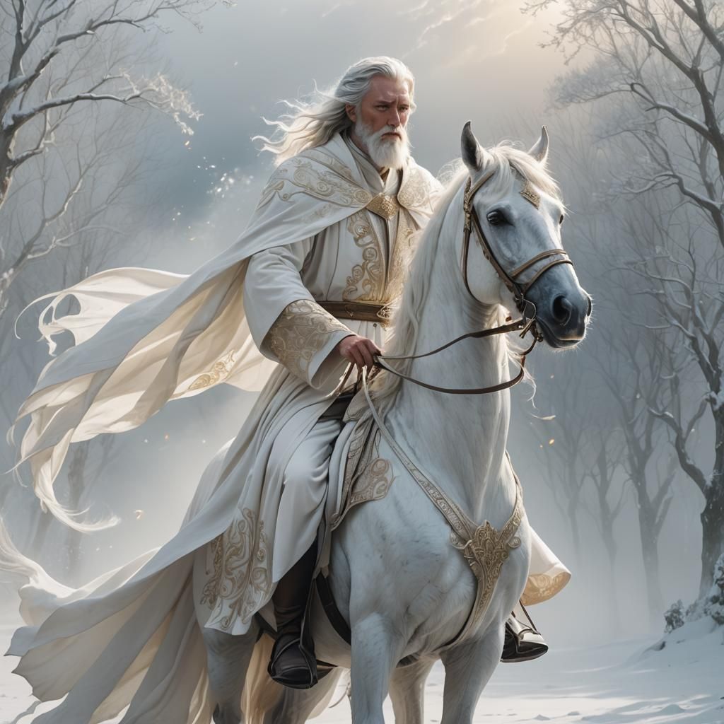 Majestic White Wizard on Horse: Mythical Concept Art
