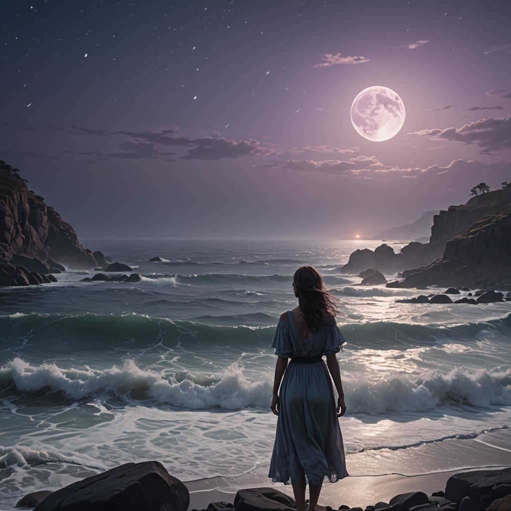 Melancholic Woman Gazing at Moonlit Ocean, Digital Matte Pai...