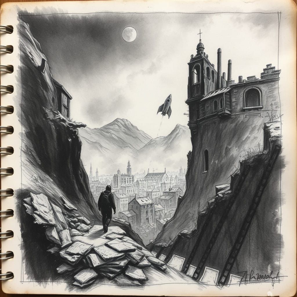 Ethereal Sketch of Post-Apocalyptic Mars Bound Expedition