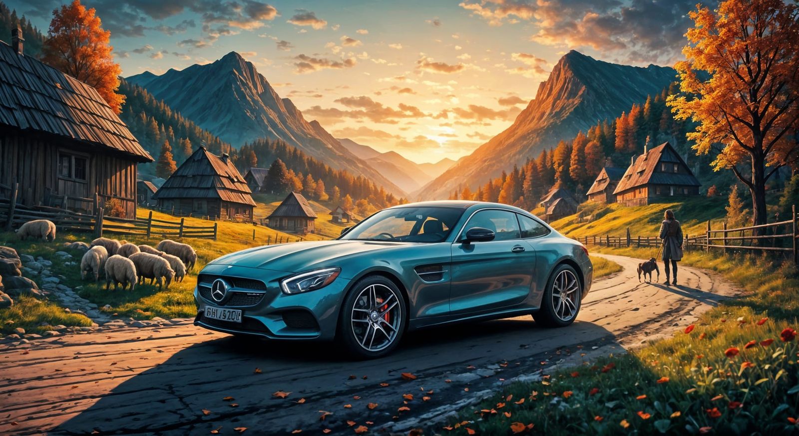 Autumn Carpathian Village Scene with Mercedes Hyperrealistic...