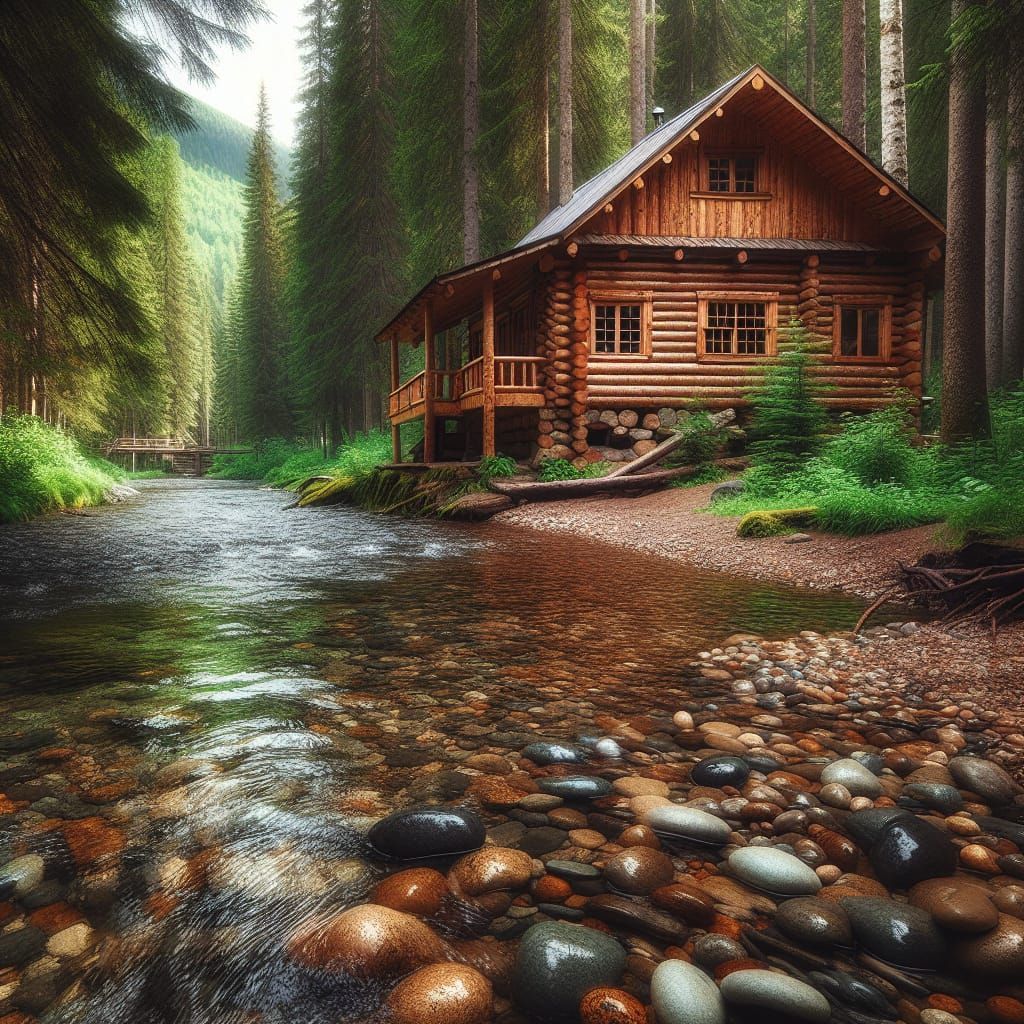 Log Cabin Retreat in Forest by River