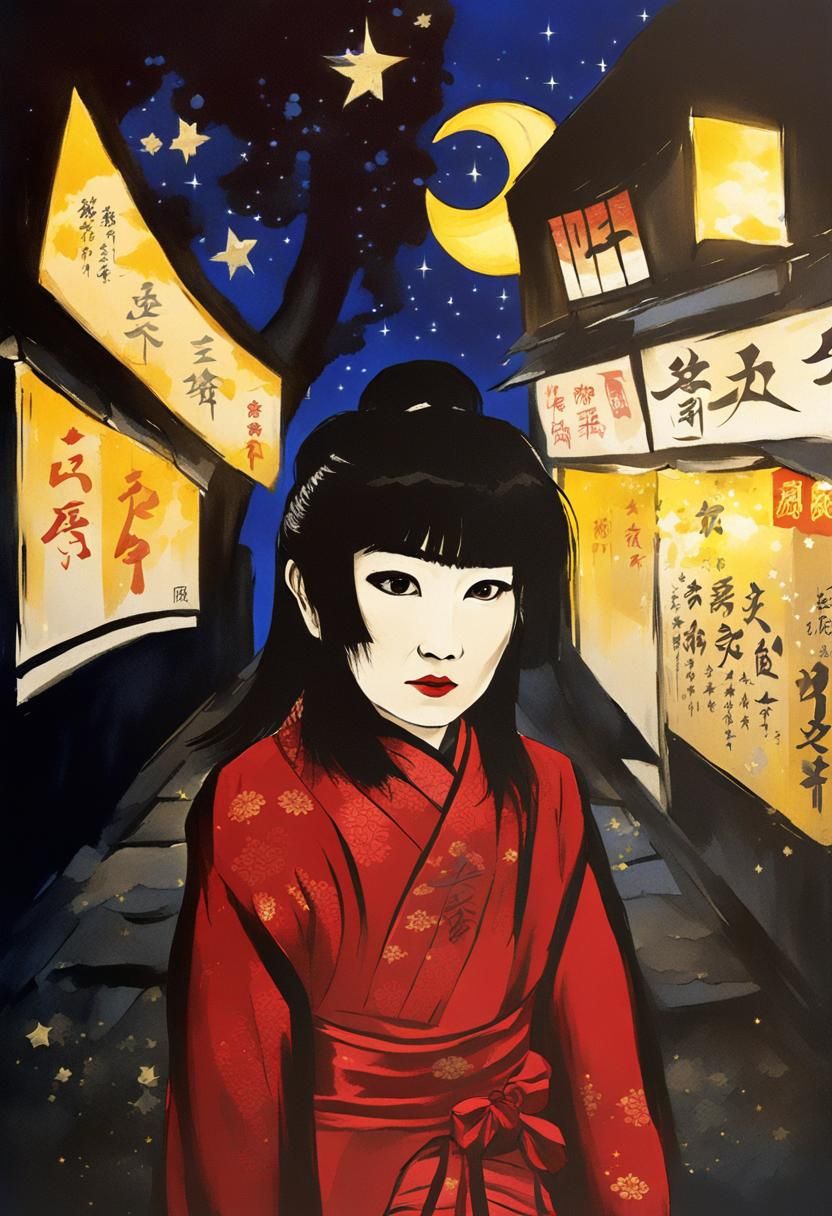 Asian Woman in Red Satin in Night Alley