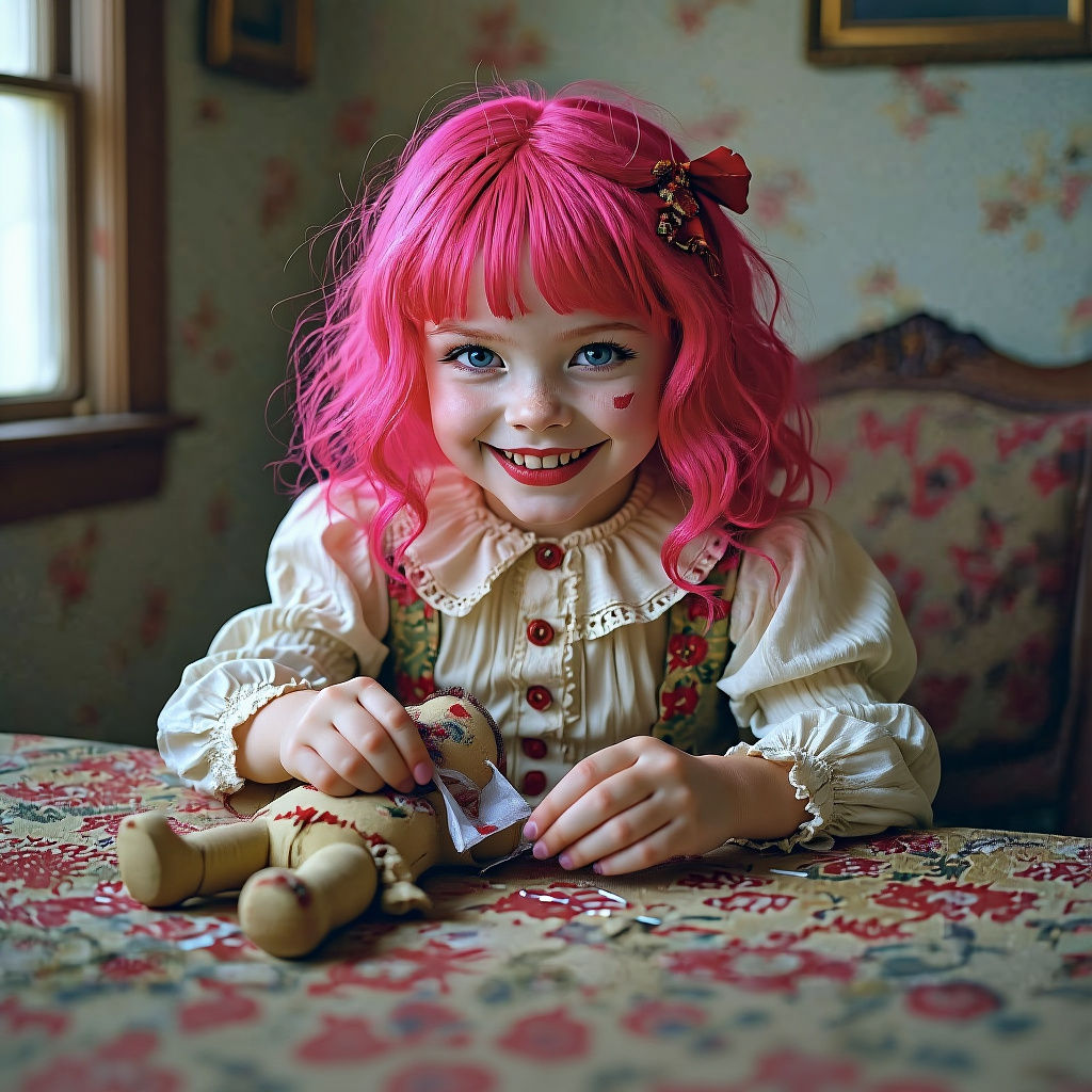 Girl with Pink Hair and Voodoo Doll