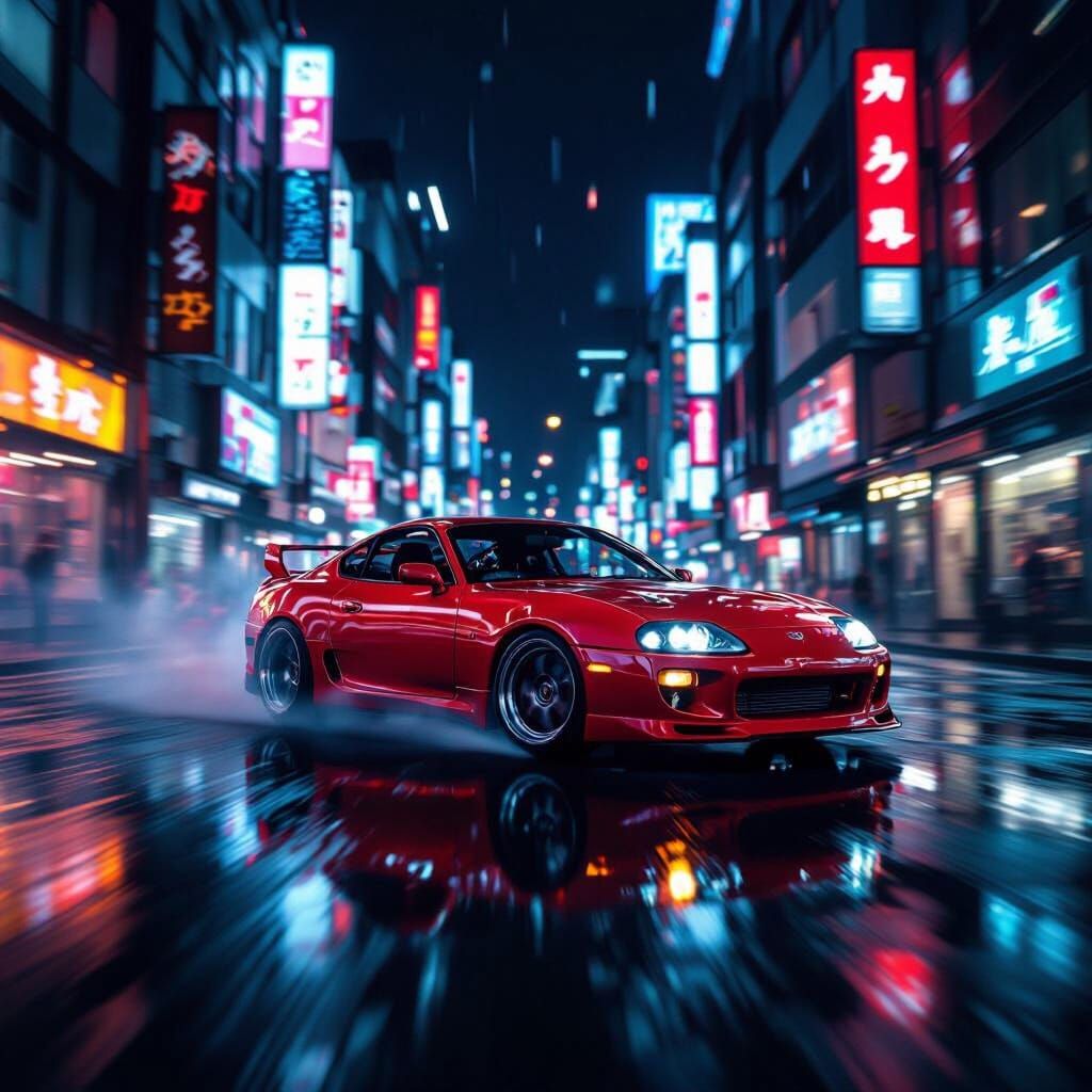 Red Toyota Supra Drifting in Neon Tokyo Night