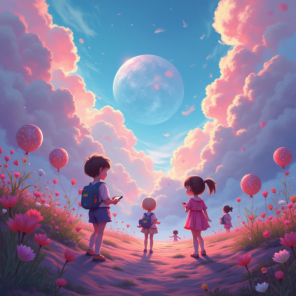 Anime Children Playing in a Dreamlike Fantasy Realm