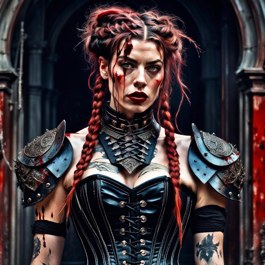Gothic Natalia Tena in Dark Armor, Hyperrealism
