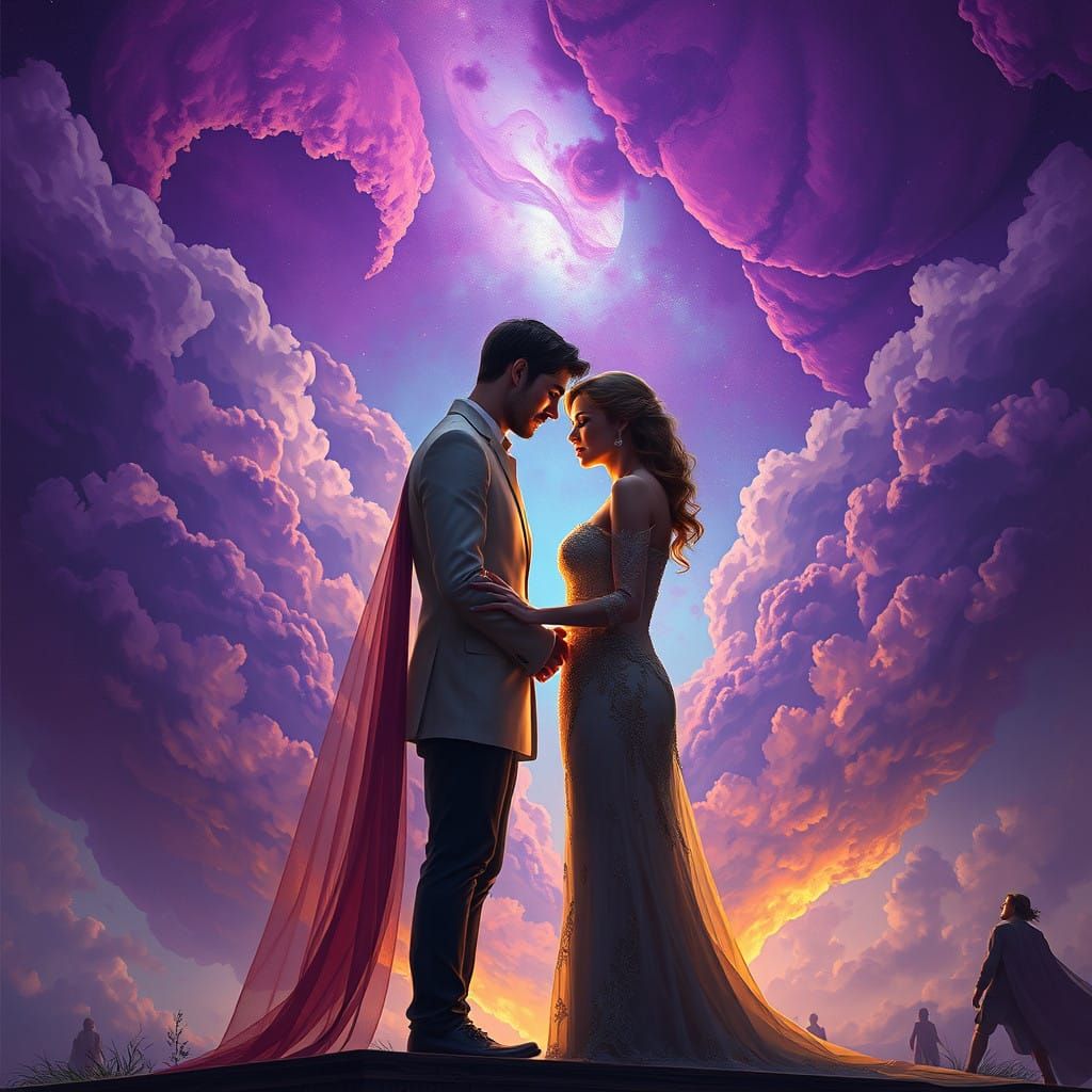 Regal Couple Lost in Tender Moment Beneath Majestic Purple S...